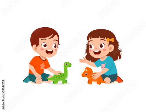 little kid play a dinosaur toy with friend and feel happy