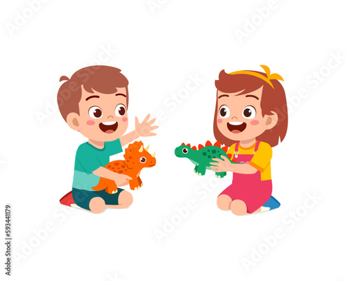 little kid play a dinosaur toy with friend and feel happy