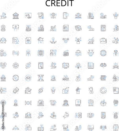 Credit outline icons collection. Credit, Loans, Cards, Banking, Score, History, Debt vector illustration set. Fraud, Investment, APR linear signs