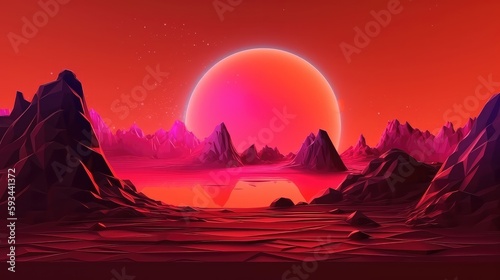 Neon fantasy landscape with moon water and mountains   Metaverse Virtual Reality Landscape  fantasy world with heavy neon glowing  music video background and dj concert graphics