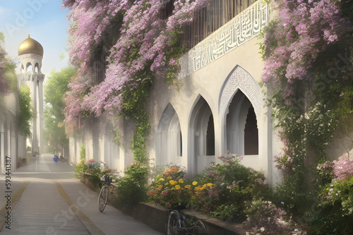 Charming and cozy muslim mosque street fantasy landscape with gold dome and flowers. Generative AI