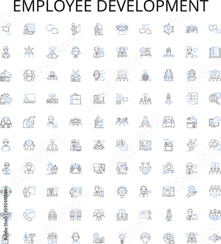 Employee development outline icons collection. Employee, Development, Training, Coaching, Learning, Management, Growth vector illustration set. Motivation, Performance, Skills linear signs