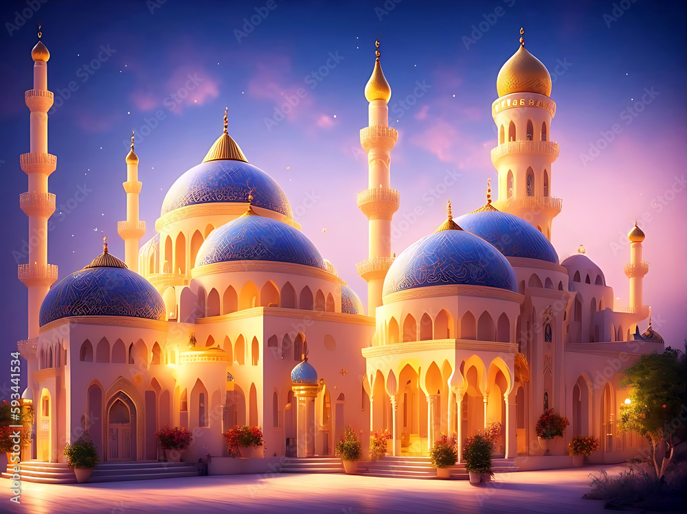 Cute and adorable muslim mosque with blue dome in the evening. Generative AI