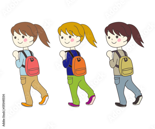 リュックを背負った女性のイラストセット