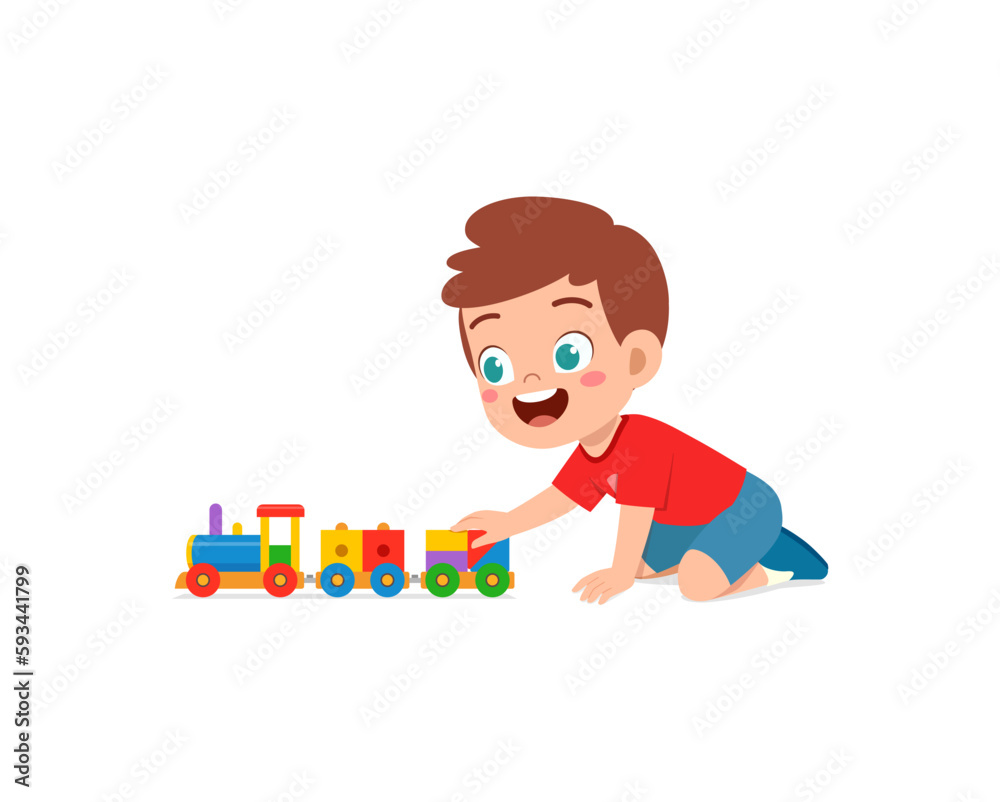 little kid playing toy train made from plastic and feel happy little kid playing toy train made from plastic and feel happy
