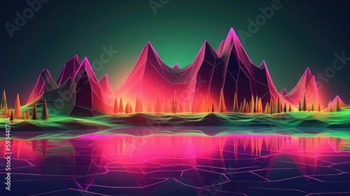neon 3d abstract landscape virtual reality metaverse world, background with glowing geometric shapes and seascape, terrain, neon water, heavy glow,  panoramic view, futuristic world, colorful glow