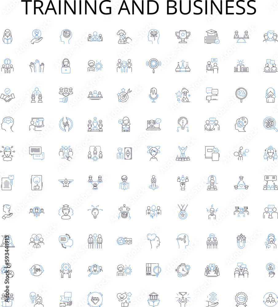Training and business outline icons collection. Training, Business, Coaching, Education, Development, Workshop, Learning vector illustration set. Courses, Consulting, Facilitation linear signs Training and business outline icons collection. Training, Business, Coaching, Education, Development, Workshop, Learning vector illustration set. Courses, Consulting, Facilitation linear signs
