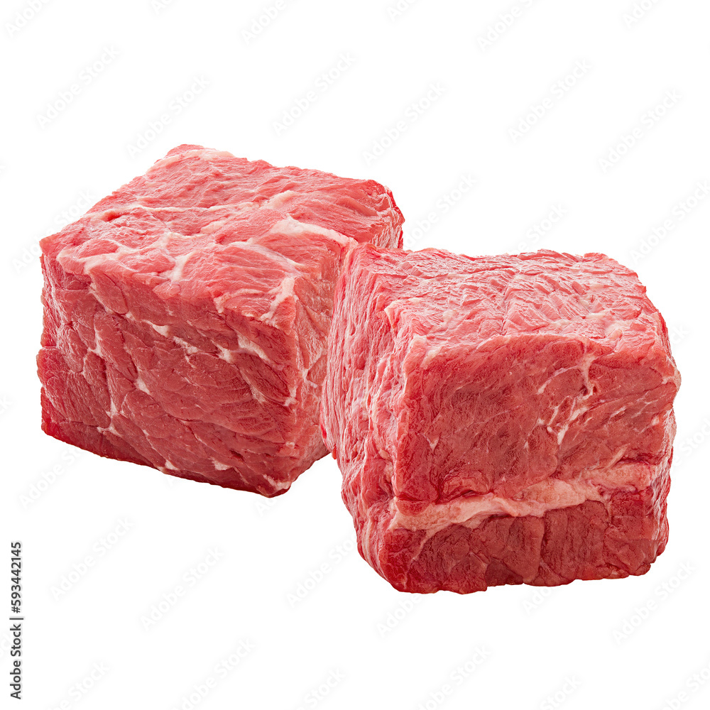 Cubes of raw beef meat isolated on transparent background