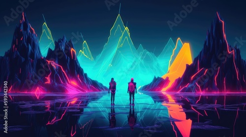 People enjoying inside a fantasy world and landscape  Metaverse virtual reality environment  neon world and magical forest  vj loop and music video background 