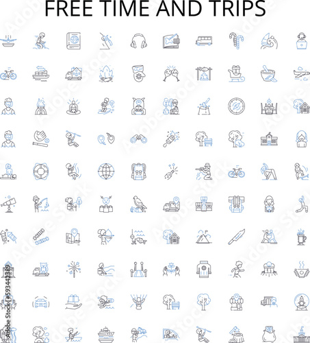 Free time and trips outline icons collection. Leisure, Vacation, Freedom, Holidays, Excursion, Outings, Playtime vector illustration set. Adventures, Travel, Journeys linear signs