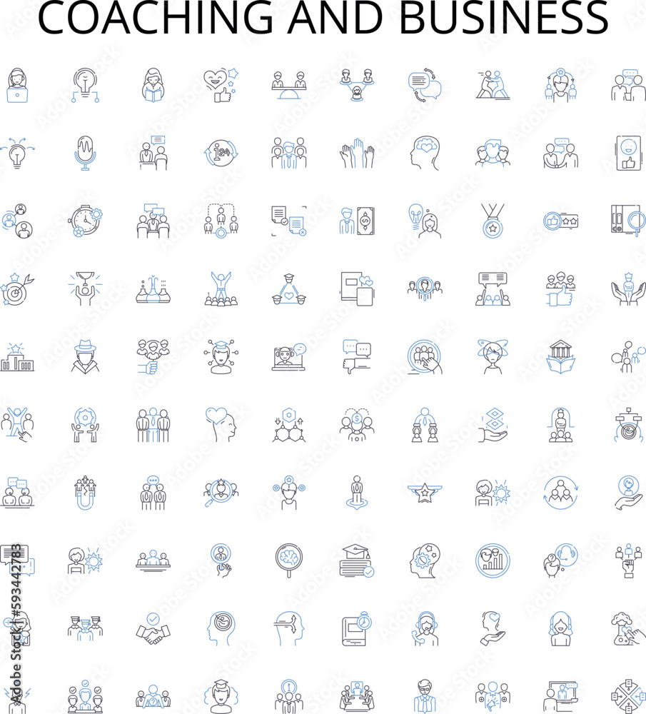 Coaching and business outline icons collection. Coaching, Business, Consulting, Training, Mentorship, Leadership, Strategy vector illustration set. Management, Teach, Facilitate linear signs Coaching and business outline icons collection. Coaching, Business, Consulting, Training, Mentorship, Leadership, Strategy vector illustration set. Management, Teach, Facilitate linear signs