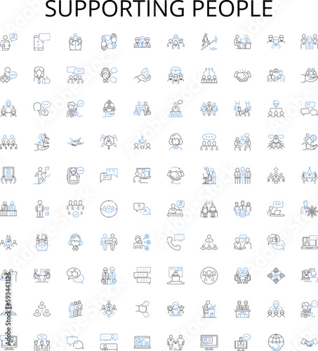 Supporting people outline icons collection. Aid, Assist, Backing, Boost, Bolster, Facilitate, Guiding vector illustration set. Helping, Nourishing, Encouraging linear signs