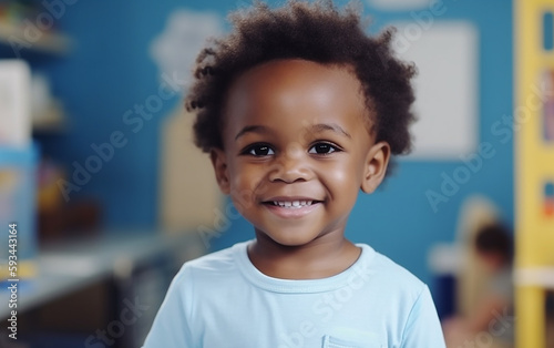 Black dark-skinned african american cute happy smiling boy at nursery or playroom. Generative AI © Malchevska Studio