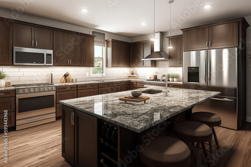 kitcen with granite countertops and wood. generative AI