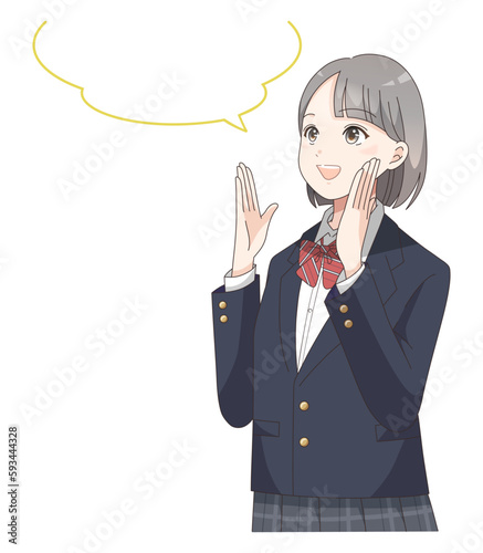 応援、案内する女子学生の吹き出し付きイラスト