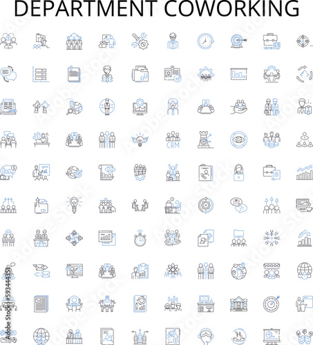 Department coworking outline icons collection. Deputy, Cowork, Counterpart, Collaborative, Groupwork, Division, Employees vector illustration set. Collective, Shared, Section linear signs