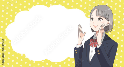 応援、案内する女子学生の吹き出し付きバナーイラスト