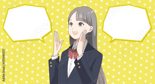 応援、案内する女子学生の吹き出し付きバナーイラスト
