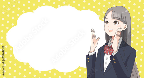 応援、案内する女子学生の吹き出し付きバナーイラスト
