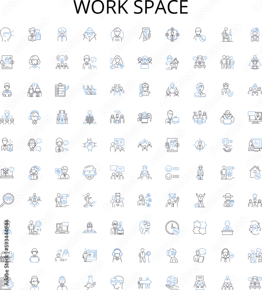 Fototapeta premium Work space outline icons collection. Office, Area, Desk, Environment, Room, Space, Facility vector illustration set. Table, Seat, Zone linear signs