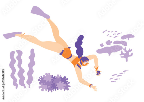 trip_travel_girl_skin diving_海に潜る水着の女性_シンプルでお洒落なイラスト