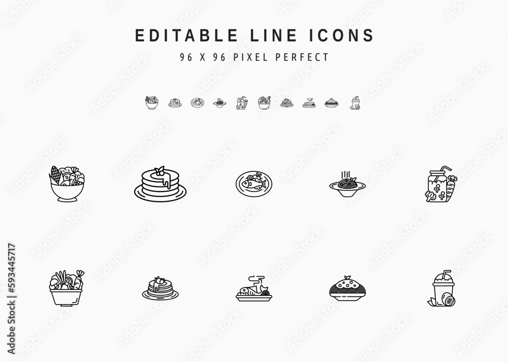 Healthy Meal Includes Vegetable Salad, Plate of Fish, Pancake, and Smoothie Juice. Vector Line Icons Set. Editable Stroke. 96 x 96 Pixel Perfect.