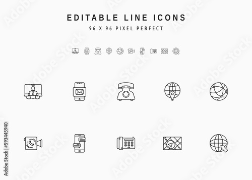 Contact Includes Online Meeting, Instant Mail, Phone, GPS, and Website. Vector Line Icons Set. Editable Stroke. 96 x 96 Pixel Perfect.
