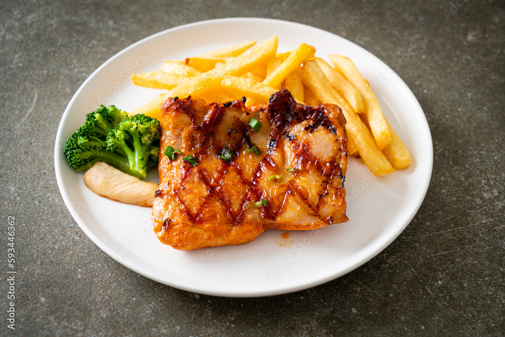 grilled chicken steak with potato chips or french fries grilled chicken steak with potato chips or french fries