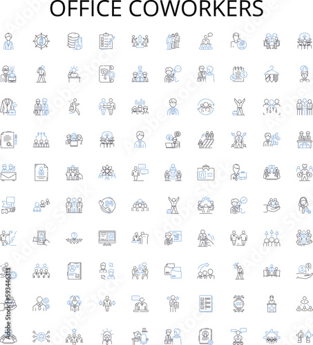 Office coworkers outline icons collection. Colleagues, Coworkers, Teammates, Staff, Associates, Bureaucrats, Compatriots vector illustration set. Managers, Executives, Peers linear signs