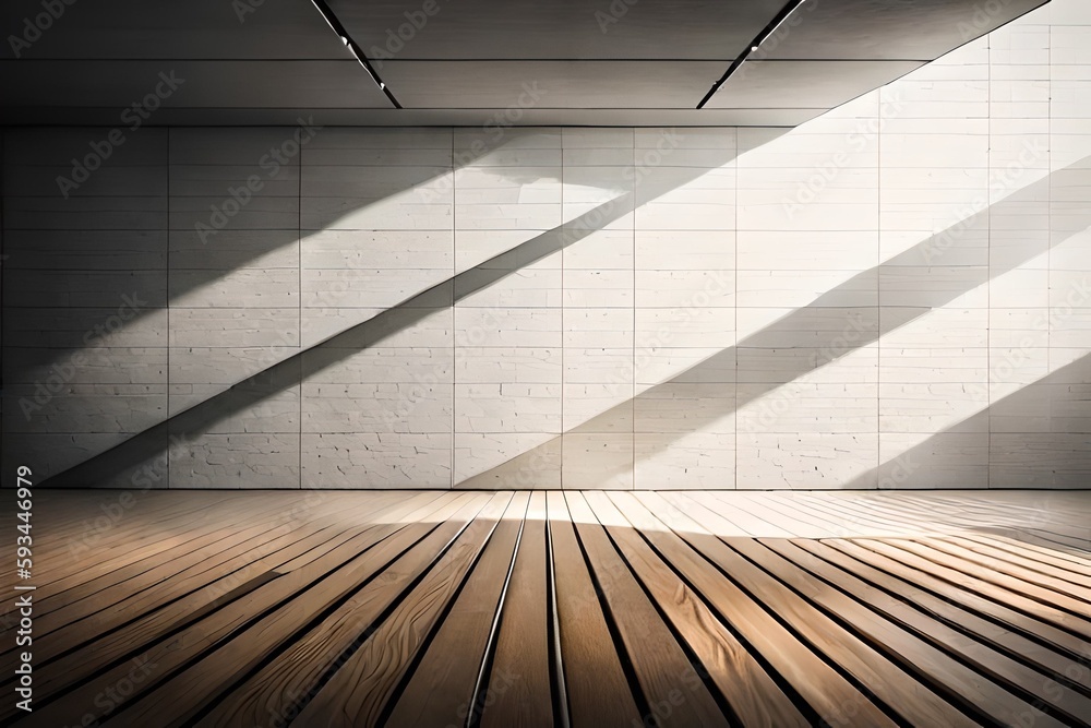 Empty room with lights, wooden floor and shadow in the wall isolated on dark Empty room with lights, wooden floor and shadow in the wall isolated on dark