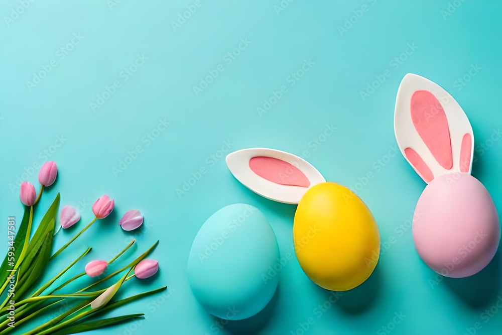 Pink and yellow easter bunny with eggs isolated on calm minimalist background