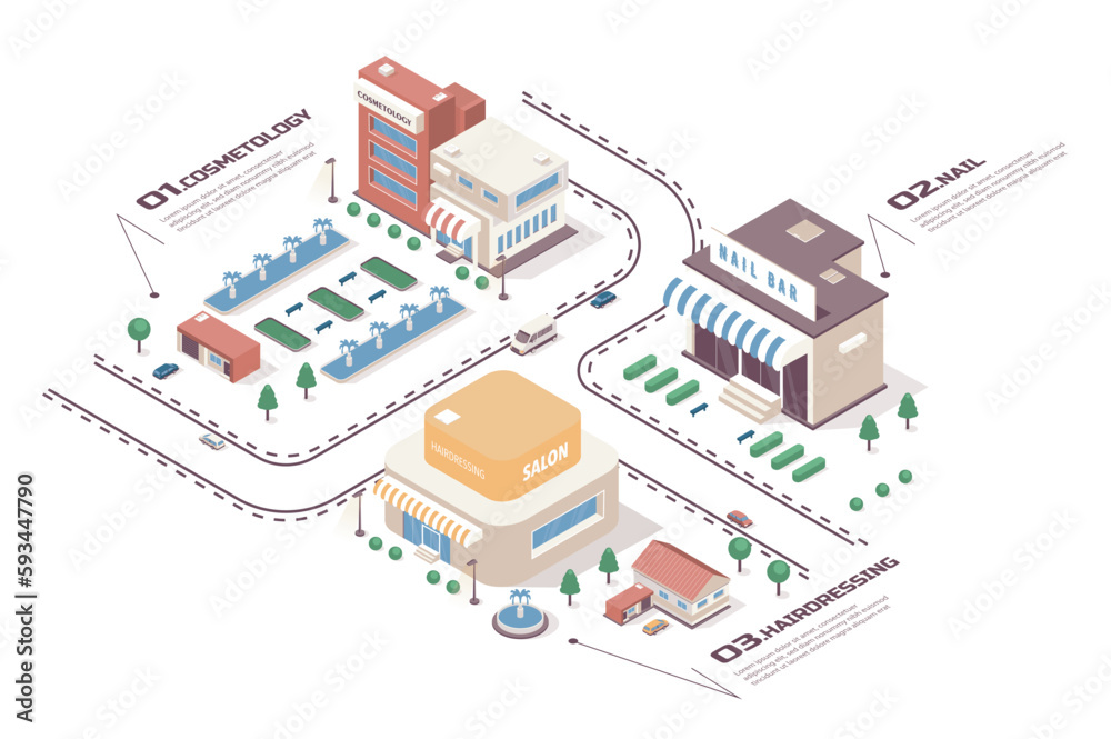 Beauty salon concept 3d isometric web infographic workflow process. Infrastructure map with buildings of cosmetology, nail, hairdressing services. Vector illustration in isometry graphic design