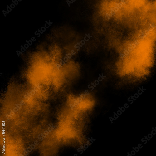 Orange color powder explosion isolated on black background. Royalty high-quality free stock photo image Freeze motion of blue powder exploding. Colorful dust explode. Paint Holi, dust particles splash