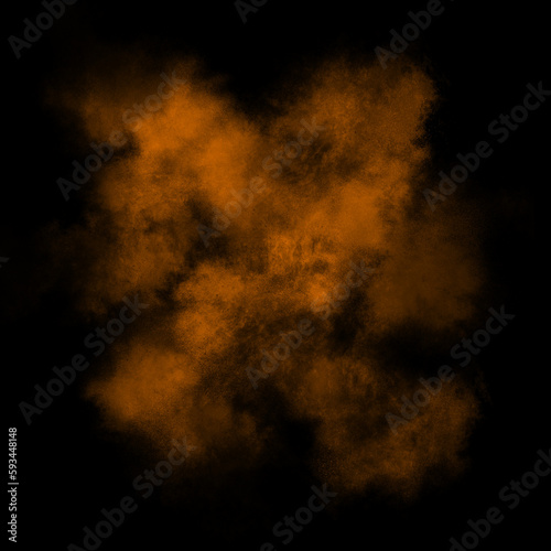 Orange color powder explosion isolated on black background. Royalty high-quality free stock photo image Freeze motion of blue powder exploding. Colorful dust explode. Paint Holi, dust particles splash