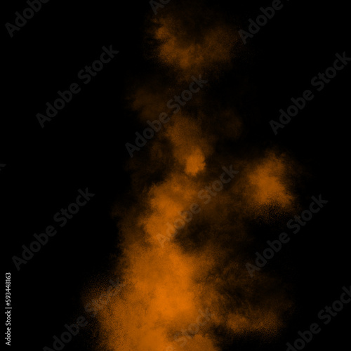 Orange color powder explosion isolated on black background. Royalty high-quality free stock photo image Freeze motion of blue powder exploding. Colorful dust explode. Paint Holi, dust particles splash © Jangnhut2023