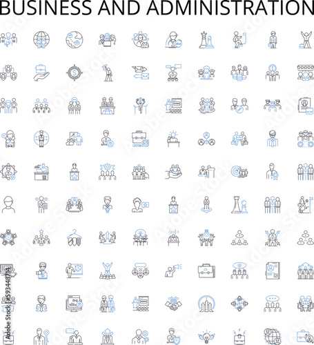 Business and administration outline icons collection. Accounting, Management, Organisation, Administration, Planning, Communication, Customer vector illustration set. Policy, Market, Production linear