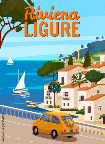 Canvas-taulu Riviera Ligure Italy, mediterranean romantic landscape, mountains, seaside town, sea