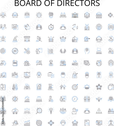 Board of Directors outline icons collection. Board, Directors, Trustees, Committee, Council, Panel, Oversight vector illustration set. Conglomerate, Corporate, Executives linear signs