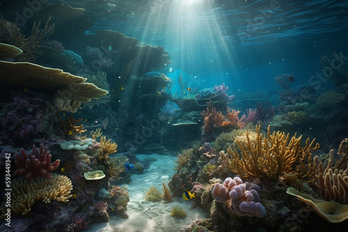 Colorful Coral Reef with Fish in Clear Blue Water  Underwater Photography