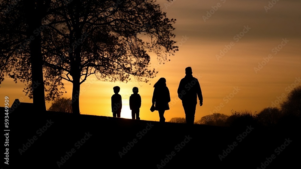 Family Stroll: A Serene Sunset Walk in the Park, AI-Generated