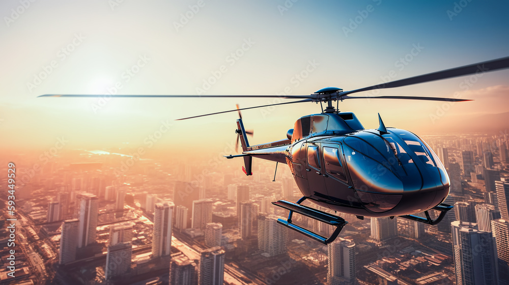 Helicopter flying over city with sun setting behind it. City landscape of modern metropolis. Generative AI. Helicopter flying over city with sun setting behind it. City landscape of modern metropolis. Generative AI.