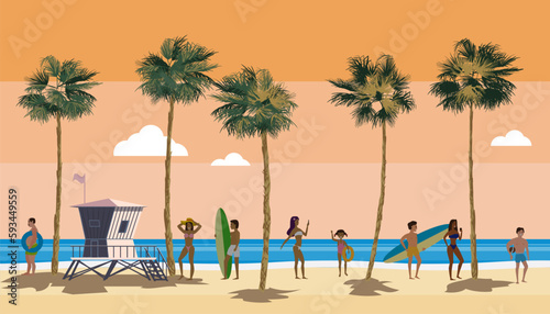 Beach landscape with Lifeguard Station  people on vacation. Palms  sea  ocean  coast view  sunset