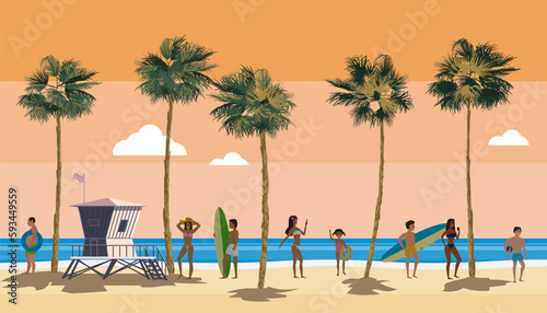 Beach landscape with Lifeguard Station, people on vacation. Palms, sea, ocean, coast view, sunset