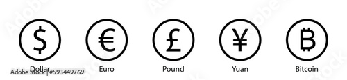 International currency icons set. Currency symbols. Dollar, Euro, Pond, Yuan, Bitcoin. Mony icons.