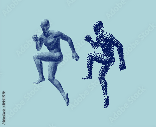 Leadership, freedom or development concept. Running man or marathon runner in сoarse and fine style. 3D human body model. Stipple effect. Design for sports club, fitness, competition or marathon. © Login