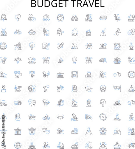 Budget travel outline icons collection. Cheap, Budget, Affordable, Frugal, Economic, Thrifty, Low-cost vector illustration set. Discounted, Sightseeing, Touring linear signs