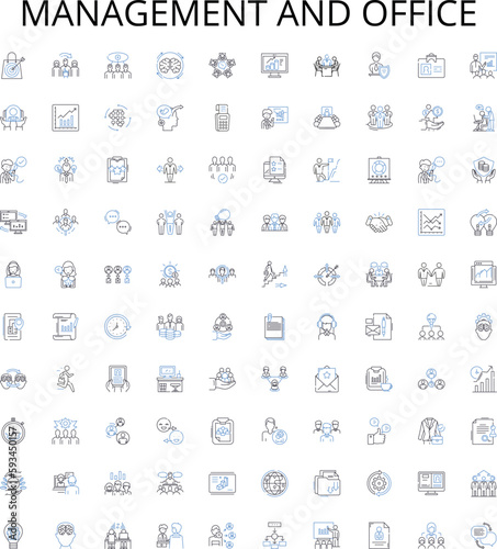 Management and office outline icons collection. Office, Management, Staff, Files, Documents, Administration, Clerical vector illustration set. Supervision, Productivity, Computers linear signs