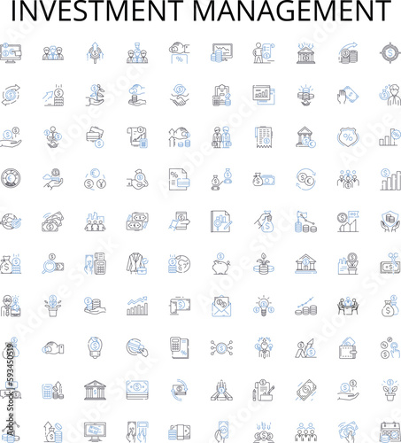 Investment management outline icons collection. Invest, Management, Funds, Portfolio, Equity, Return, Savings vector illustration set. Risk, Financial, Investment linear signs