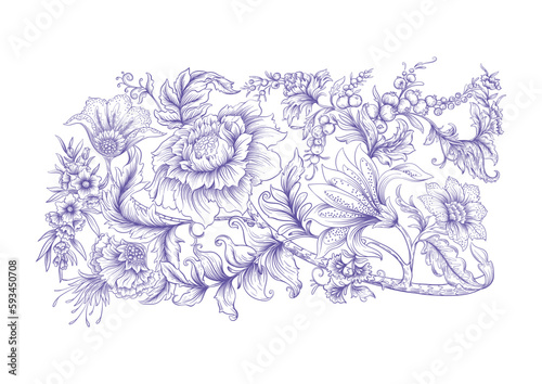 Fantasy flowers in art nouveau style, vintage, old, retro style. Clip art, set of elements for design. Vector illustration.
