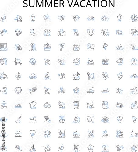 Summer vacation outline icons collection. Holiday, Trip, Relaxation, Sunshine, Escapade, Getaway, Amusement vector illustration set. Scenery, Adventure, Journey linear signs